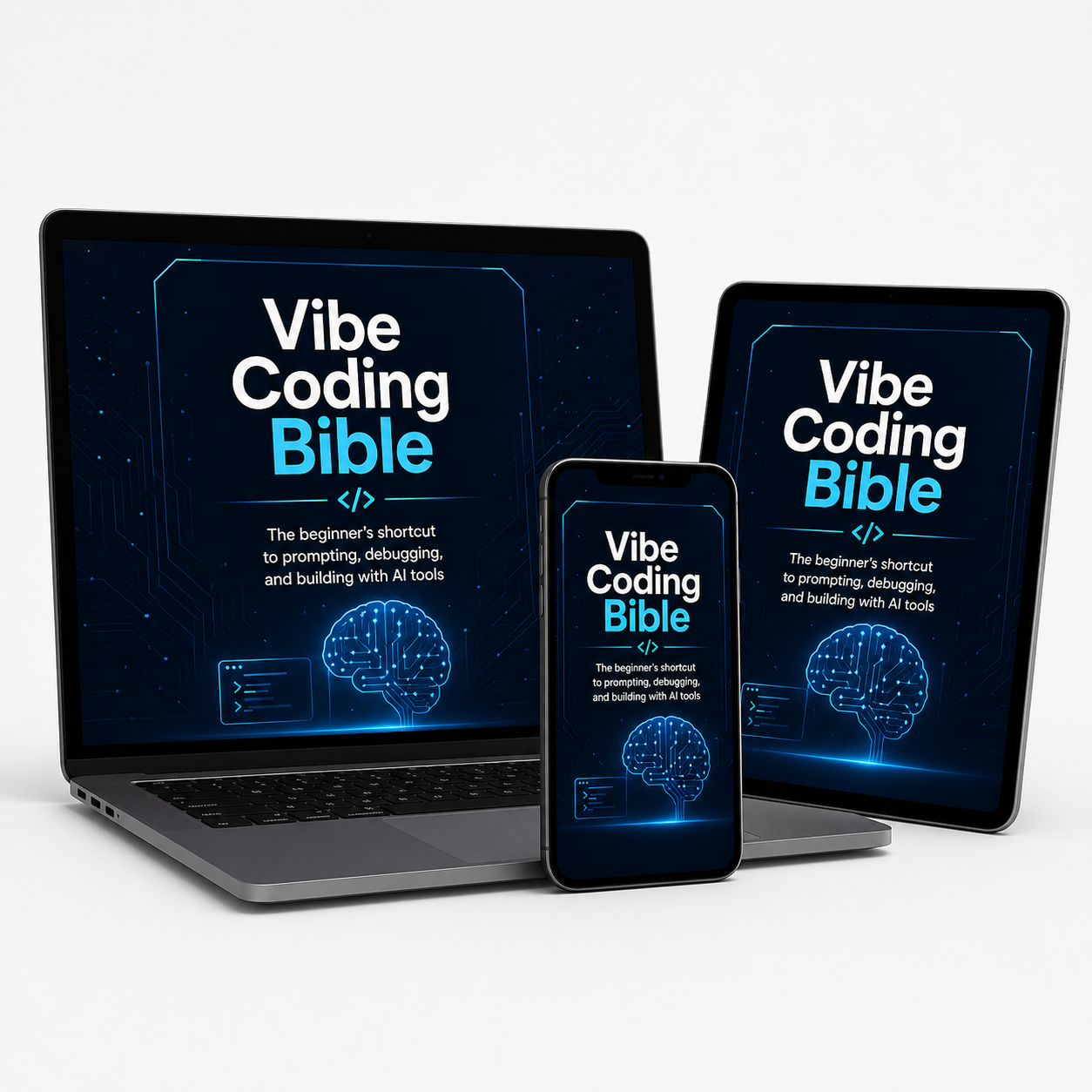 3D product mockup of the Vibe Coding Bible digital guide displayed on a laptop, tablet, and smartphone, with the subtitle “The beginner’s shortcut to prompting, debugging, and building with AI tools.”