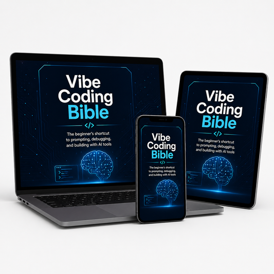 3D product mockup of the Vibe Coding Bible digital guide displayed on a laptop, tablet, and smartphone, with the subtitle “The beginner’s shortcut to prompting, debugging, and building with AI tools.”