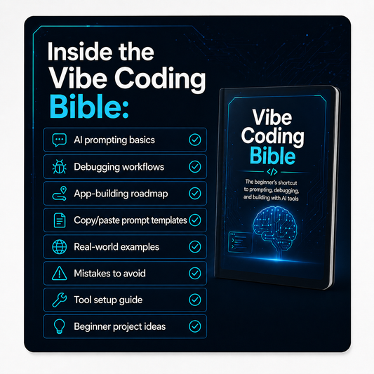 Infographic for the Vibe Coding Bible digital guide showing what’s inside, including AI prompting basics, debugging workflows, app-building roadmap, copy/paste prompt templates, real-world examples, mistakes to avoid, tool setup guide, and beginner project ideas.